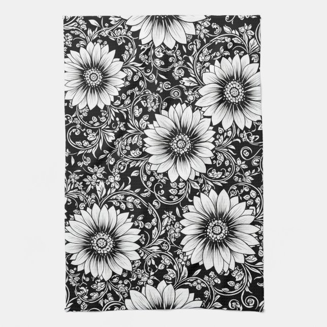 Elegantes monochromes Blumenluxus-Muster (5) Geschirrtuch (Vertikal)