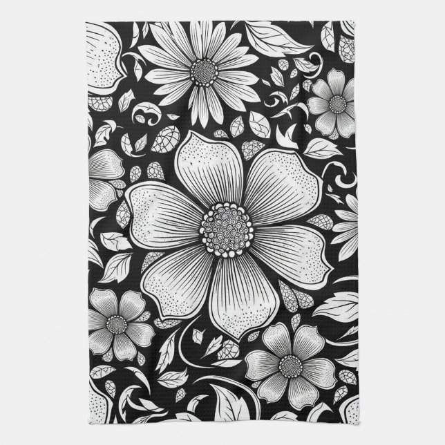 Elegantes monochromes Blumenluxus-Muster (6) Geschirrtuch (Vertikal)