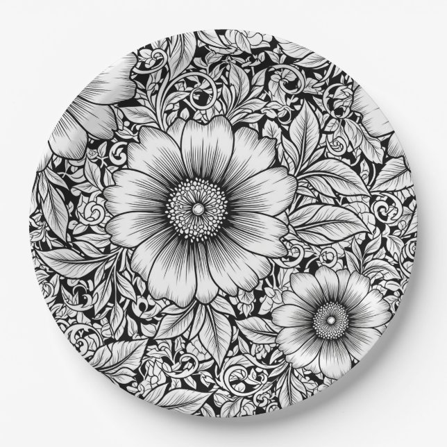 Elegantes monochromes Blumenluxus-Muster (7) Pappteller (Vorderseite)