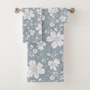 elegantes monochromes Blumenmuster blau grau Badhandtuch Set