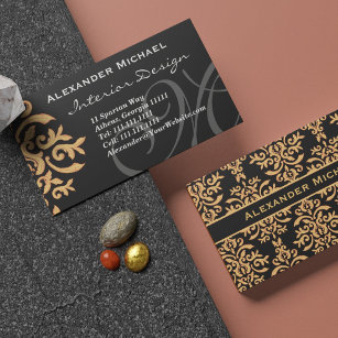Elegantes Monogram Black and Gold Damask Business  Visitenkarte