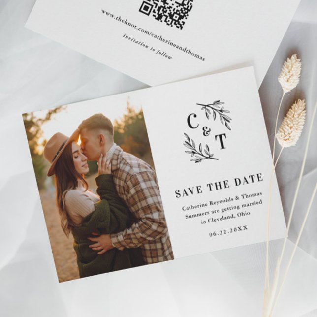 Elegantes Monogram Black and White Wedding Foto Save The Date (Minimal Greenery Leaves Monogram Wedding Photo Save the Date with QR Code.)