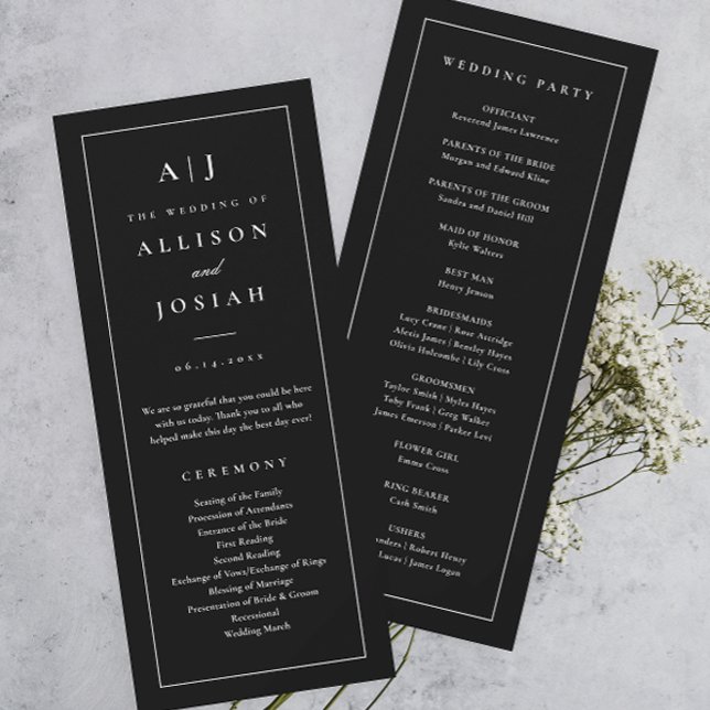 Elegantes Monogram Black and White Wedding Program Einladung (Elegant and Classic Monogram Black and White Wedding Program.)