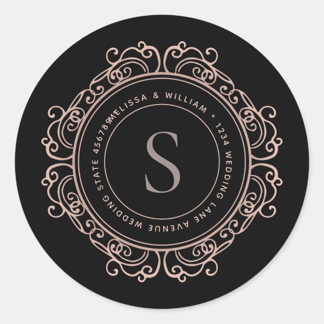 Elegantes Monogram Black Copper Blush-Address-Sieg Runder Aufkleber (Vorderseite)