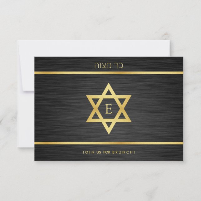 Elegantes Monogram Black & Gold Bat mitzvah Brunch Einladung (Vorderseite)