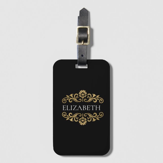 Elegantes Monogram Black Gold Gepäckanhänger (Vorderseite Vertikal)