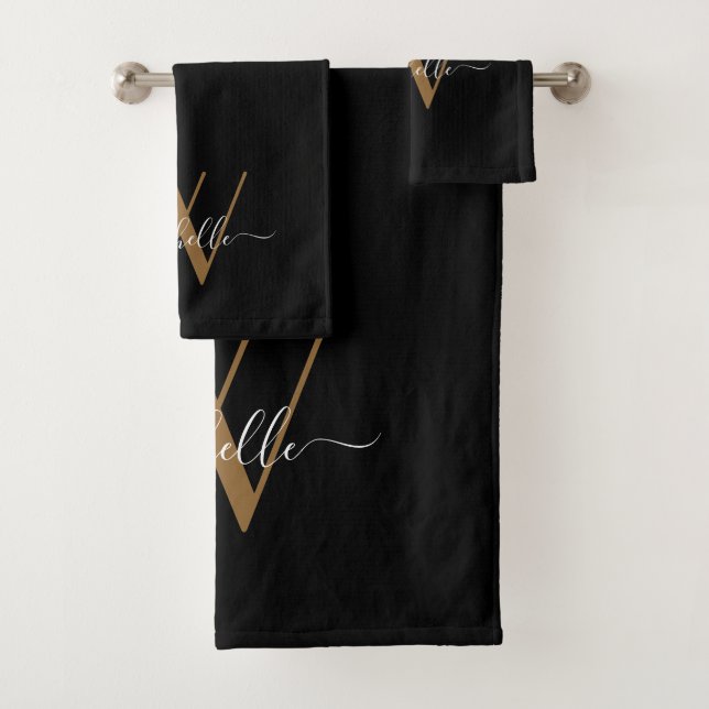 Elegantes Monogram Black Gold Name Script Badhandtuch Set (Insitu)