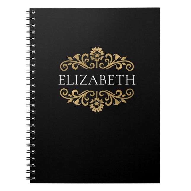 Elegantes Monogram Black Gold Spiral Foto Notebook Notizblock (Vorderseite)