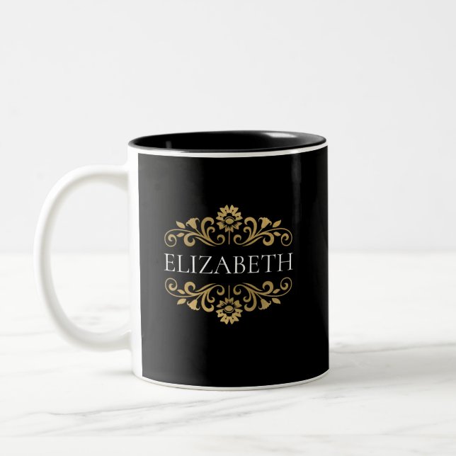 Elegantes Monogram Black Gold Zweifarbige Tasse (Links)