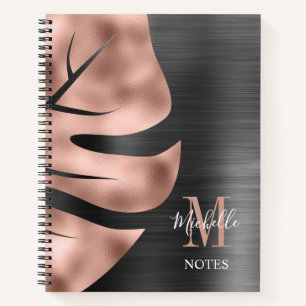 Elegantes Monogram Black Rose Gold Leaf Notizbuch