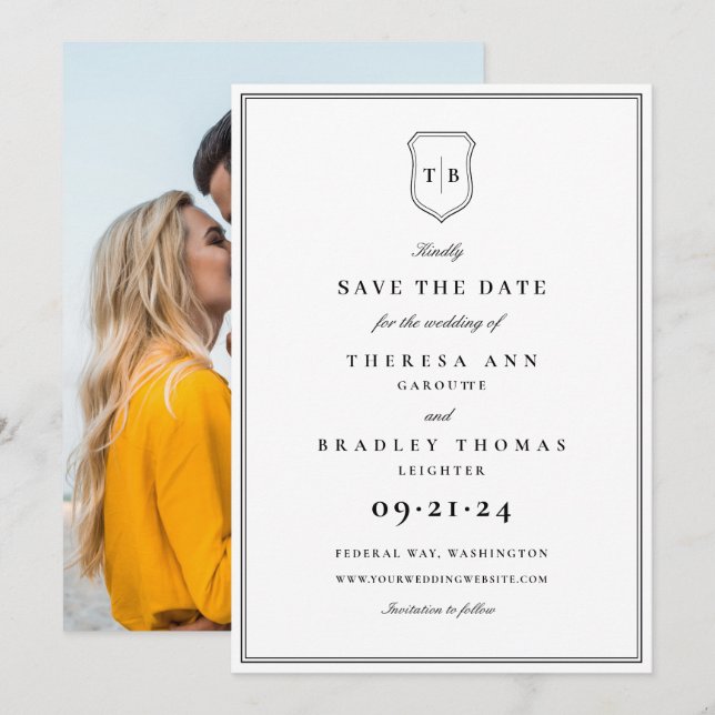 Elegantes Monogram Black Wappen Foto Save the Date (Vorne/Hinten)