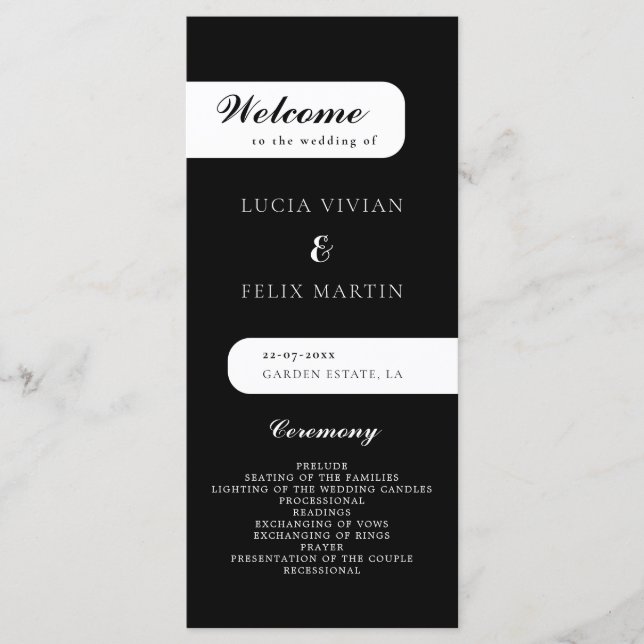 Elegantes Monogram Black Wedding Programm (Vorderseite)