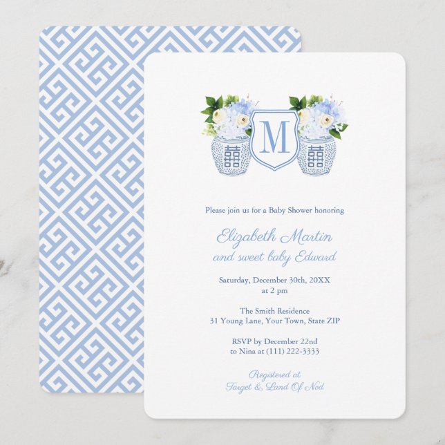 Elegantes Monogram Blue White Boy Baby Shower Part Einladung (Vorne/Hinten)