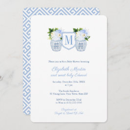 Elegantes Monogram Blue White Boy Baby Shower Part Einladung