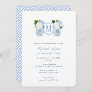 Elegantes Monogram Blue White Boy Baby Shower Part Einladung