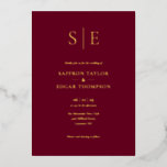 Elegantes Monogram Burgundy Wedding Gold Folieneinladung<br><div class="desc">Diese schicke echte Goldfolie minimalistisch burgundische Hochzeitseinladung kann mit Ihren Monogramm-Initialen und Hochzeitstag-Informationen personalisiert werden. Entwickelt von Thisisnotme©</div>