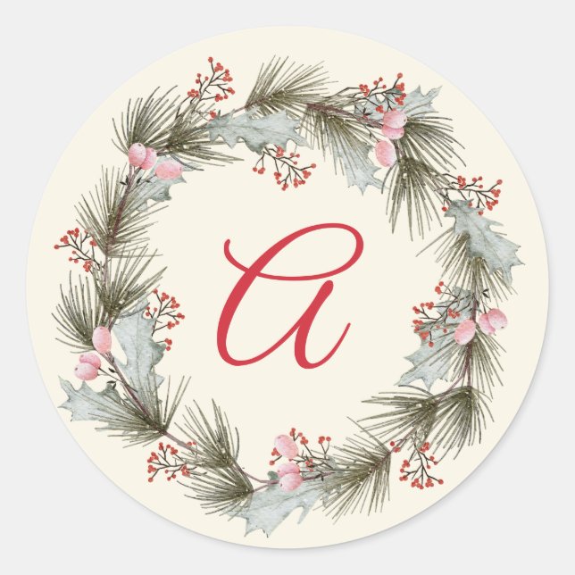 Elegantes Monogram Christmas Wreath Family Foto Runder Aufkleber (Vorderseite)
