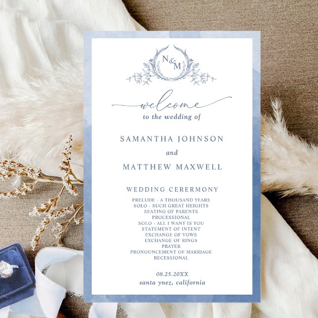 Elegantes Monogram Dusty Blue Wedding Programm (Von Creator hochgeladen)