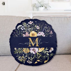 Elegantes Monogram Farbiges Wildblumengarten-Blume Rundes Kissen