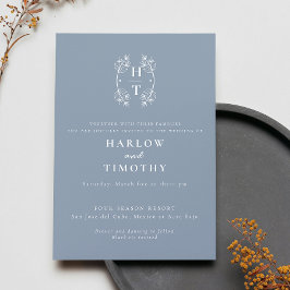 Elegantes Monogram Floral Wappen Dusty Blue Weddin Einladung