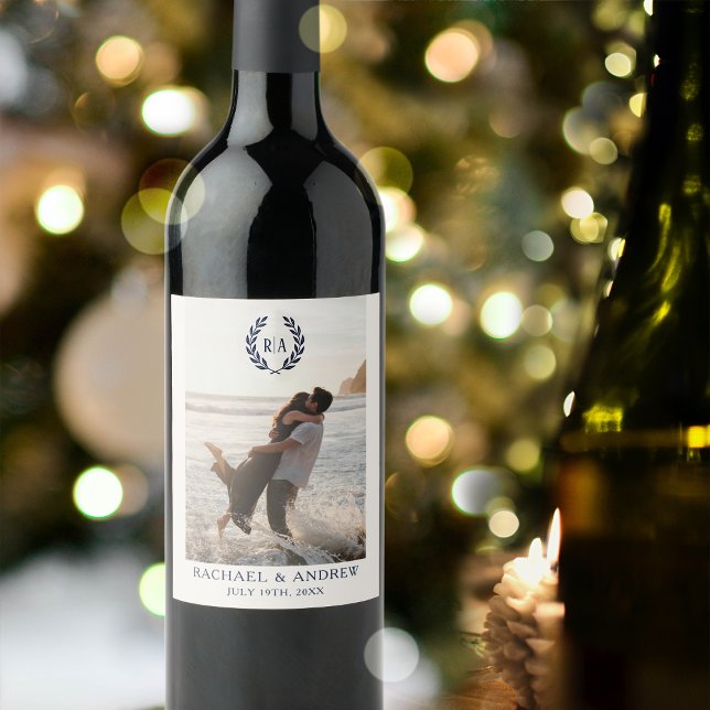 Elegantes Monogram-Foto Hochzeitswache Weinetikett (Von Creator hochgeladen)