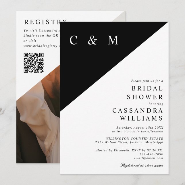 Elegantes Monogram Foto QR Code Brautparty Einladung (Vorne/Hinten)