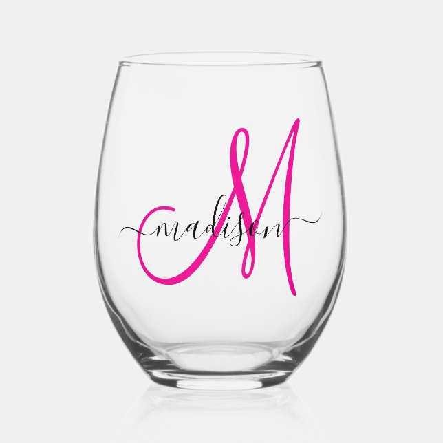 Elegantes Monogram Hot Pink Black Name Script Weinglas Ohne Stiel (Vorderseite)