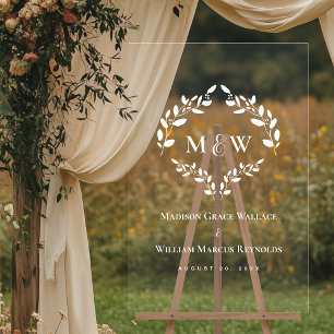 Elegantes Monogram Initials Wreath Wedding Wappen Acrylschild