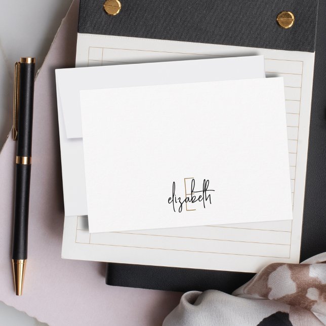 Elegantes Monogram Name Black Gold Script Mitteilungskarte (Von Creator hochgeladen)