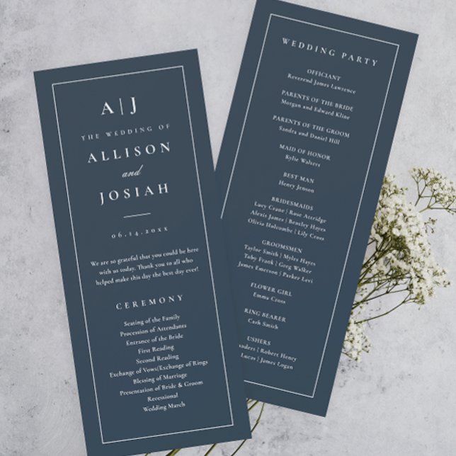 Elegantes Monogram Navy Blue Wedding Program Einladung (Elegant and Classic Monogram Navy Blue Wedding Program.)