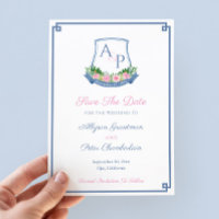 Elegantes Monogram Navy Pink Roses Wedding Wappen