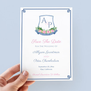 Elegantes Monogram Navy Pink Roses Wedding Wappen Save The Date