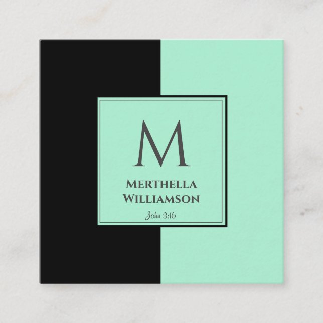 Elegantes MONOGRAM Neo Mint Black Quadratische Visitenkarte (Vorderseite)