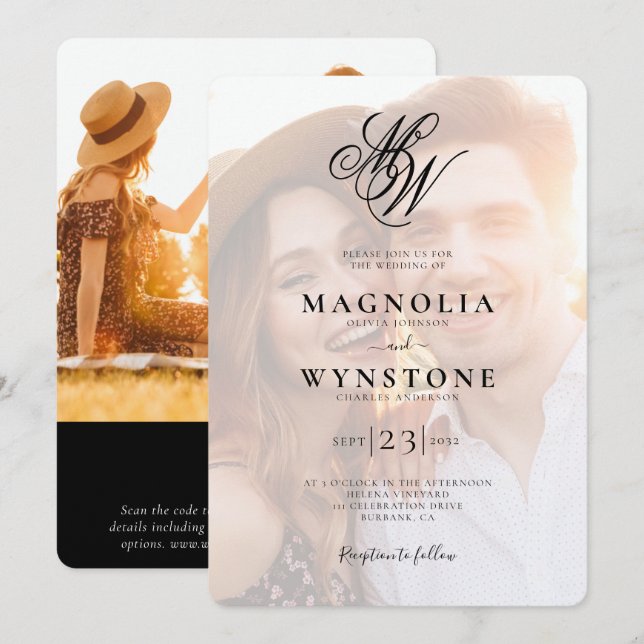 Elegantes Monogram QR Code Foto Hochzeit Einladung (Vorne/Hinten)