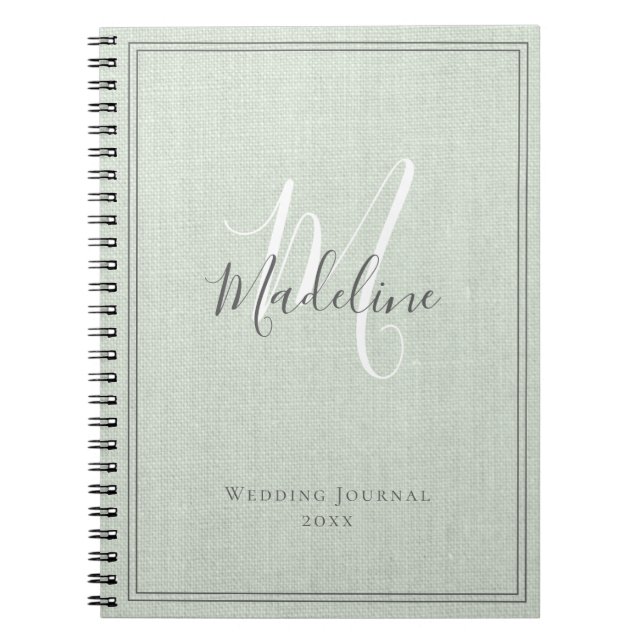 Elegantes Monogram Rustic Sage Green Linen Journal Notizblock (Vorderseite)