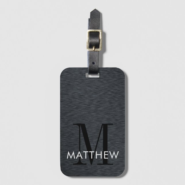 Elegantes Monogram Script Black Brushed Metal  Gepäckanhänger (Vorderseite Vertikal)