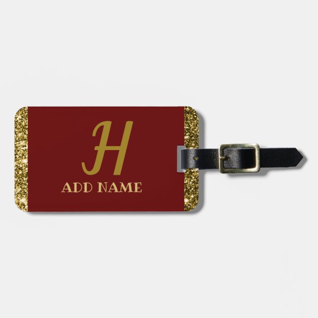 Elegantes Monogram Script Modernes Burgundy Red Go Gepäckanhänger (Vorderseite horizontal)