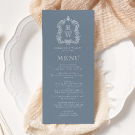 Elegantes Monogram Wappen Dusty Blue Wedding Menükarte