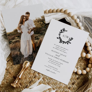 Elegantes Monogram Wappen Foto Botanische Hochzeit Einladung