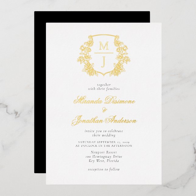 Elegantes Monogram Wappen Wedding Gold Foil Folieneinladung (Vorderseite/Rückseite)