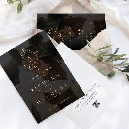 Elegantes Monogram Wreath Black Foto Save the Date Folieneinladung