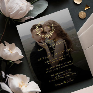 Elegantes Monogram Wreath Foto Wedding Real Folieneinladung