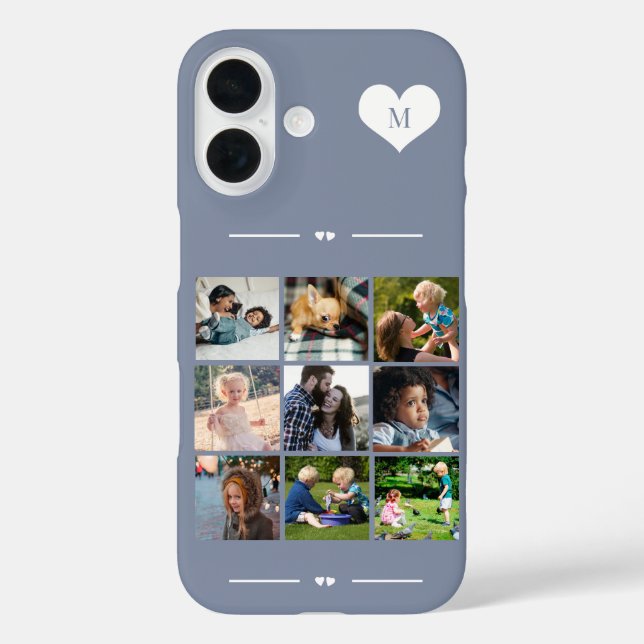 Elegantes Monogramm 9-Foto-Collage blau Case-Mate iPhone Hülle (Rückseite)
