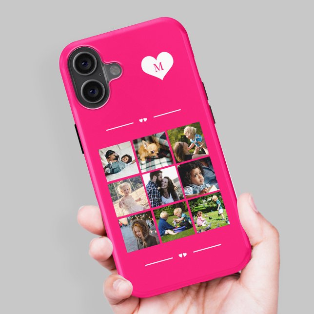 Elegantes Monogramm 9 Foto Collage Hot Pink Case-Mate iPhone Hülle (Von Creator hochgeladen)