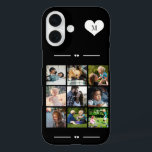 Elegantes Monogramm 9 Foto schwarz iPhone 16 Hülle<br><div class="desc">Fügen Sie neun Foto-,  Kinder-,  Haustiere- oder Freundbilder hinzu und erstellen Sie Ihre eigene,  wunderschöne Handy-Hülle mit dem Monogrammnamen in einem weißen Herz auf schwarz-weißem Hintergrund.            Einfach mit Ihren benutzerdefinierten Bildern und Buchstaben personalisieren</div>