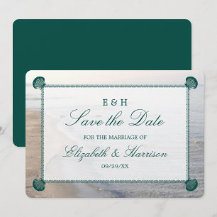 Elegantes Monogramm, Aquamariner Scallop Beach Save The Date