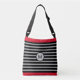 Elegantes Monogramm auf Schwarz, Rot und Silber St Tragetaschen Mit Langen Trägern