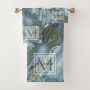 Elegantes Monogramm aus Naturstein aus blauem Marm Badhandtuch Set