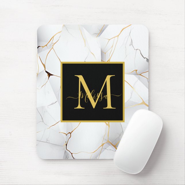 Elegantes Monogramm aus weißem und goldmarmor Mousepad (Mit Mouse)