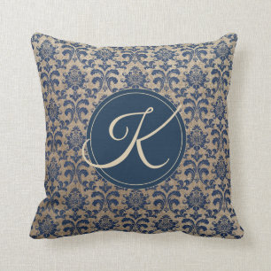 Elegantes Monogramm Beige und Blau Damast Kissen
